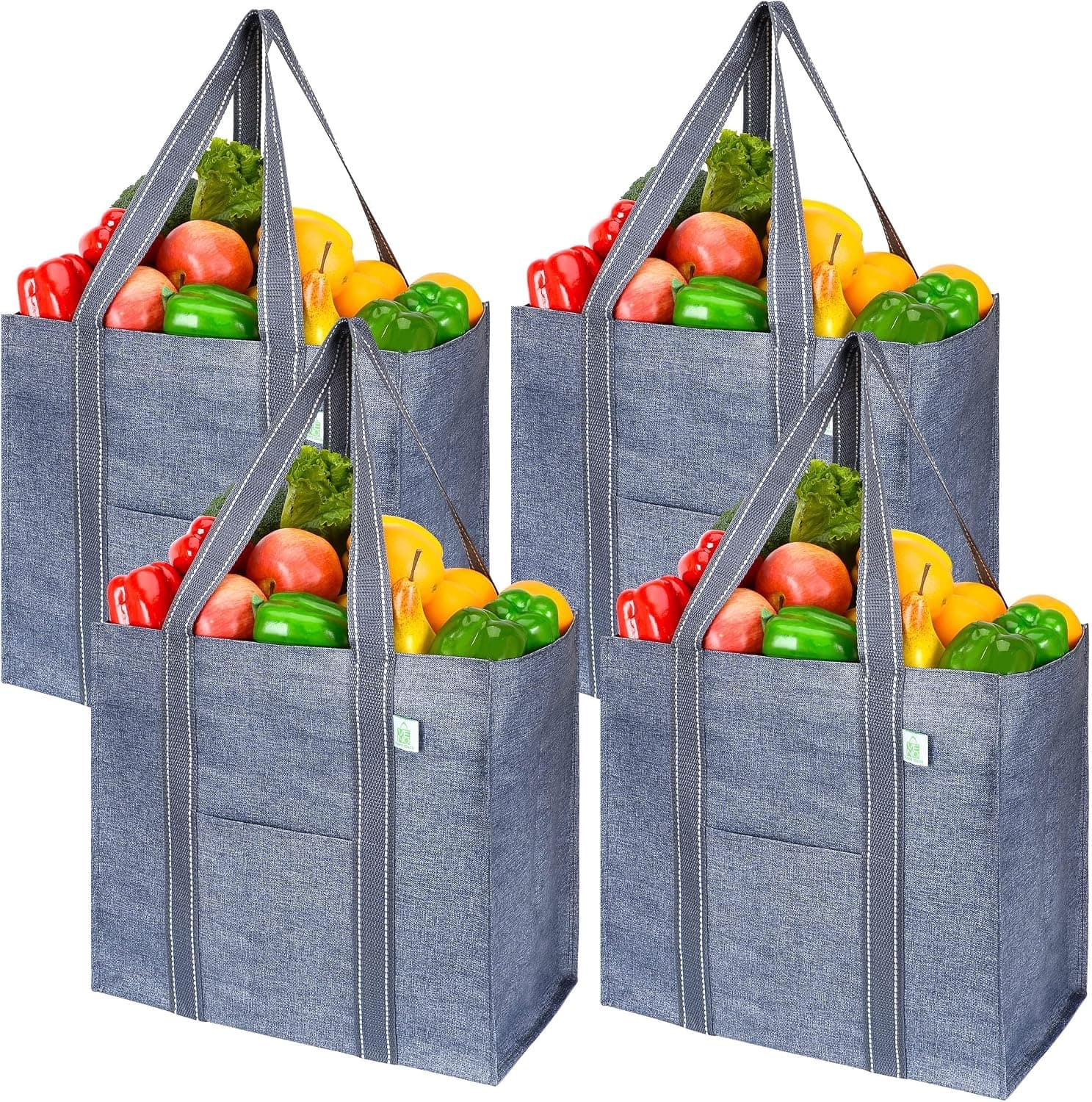 VENO Paquete de 4 bolsas de comestibles reutilizables, bolsas de compras resistentes con asas, bolsas para carrito de compras con fondo duro para mantenerse vertical, plegable, multiusos (gris, paquete de 4)