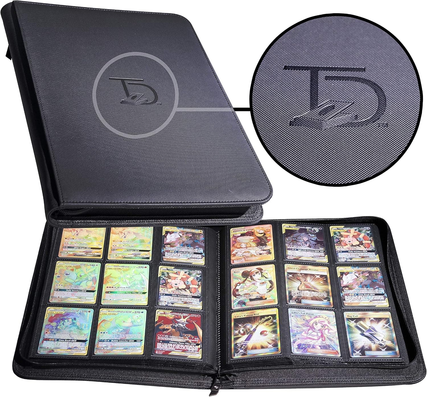 Carpeta Pro con cremallera sin anillas para 500 tarjetas, cartera de almacenamiento TCG con funda de carga lateral de 9 páginas, compatible con Pokemon, Yu-Gi-Oh, One Piece, MTG, tarjetas coleccionables de Comic Trading, color negro