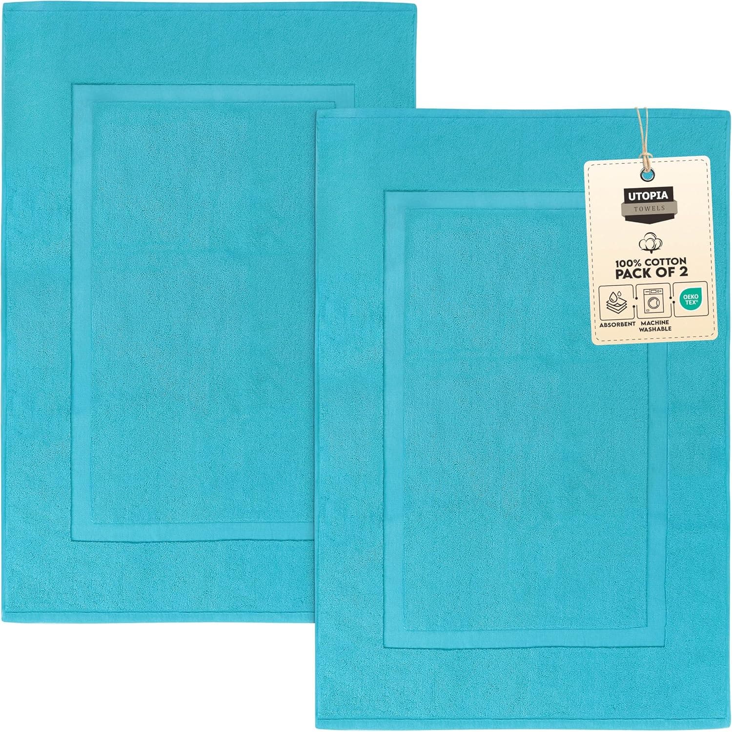 Utopia Towels Alfombra de baño de algodón, 21 x 34 pulgadas, paquete de 2, turquesa | Alfombra suave 100% algodón hilado en anillos para ducha y baño: altamente absorbente, de secado rápido, antideslizante y duradera