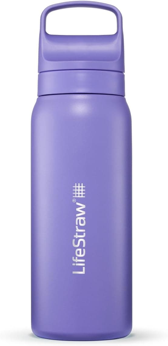 LifeStraw Go Series — Insulated Stainless Steel Water Filter Bottle for Travel and Everyday Use Removes Bacteria, Parasites and Microplastics, Improves Taste, 24 oz, Thistle Purple