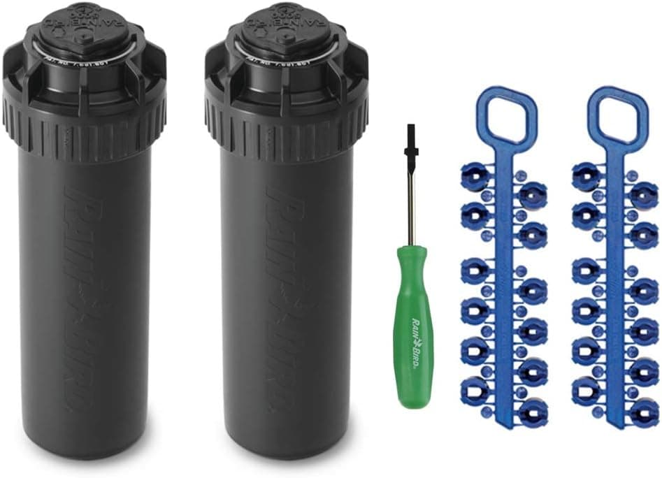 Rotor Rain Bird 5000 con árbol de boquilla, paquete de 2 + herramienta de destornillador de rotor | (5000RCTREE) + (CPRTOOL) Entrada de 3/4 pulgadas para ventana emergente de 4 pulgadas con uso eficiente del agua, arco ajustable de 40 a 360 grados y radio de 25 a 50 pies