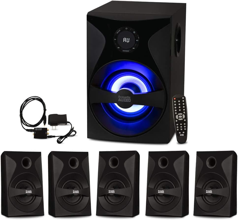 Goldwood Sistema de Altavoces de Cine en Casa con Sonido Envolvente Bluetooth 5.1 con Pantalla LED, Sintonizador FM, Entradas USB/SD - Juego de 6 Piezas con Control Remoto, Negro