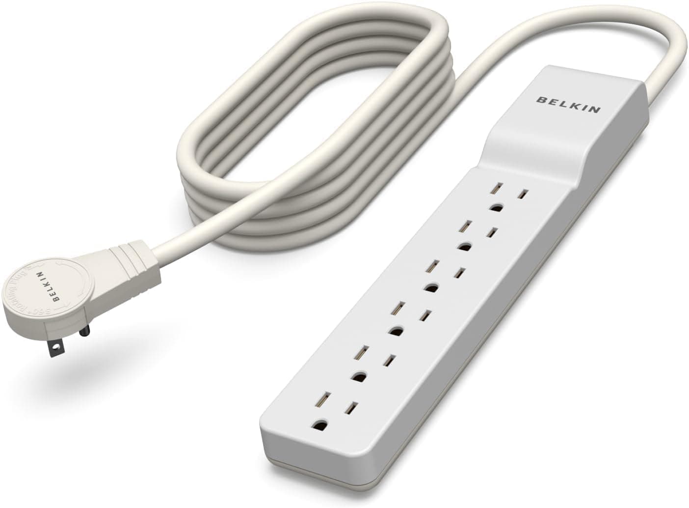 Belkin Protector contra sobretensiones Regleta de alimentación, 6 salidas múltiples de CA, enchufe giratorio plano, cable de extensión resistente de 8 pies de largo para el hogar, la oficina, los viajes, el escritorio de la computadora y la carga, color blanco (720 julios), (paquete de 6)