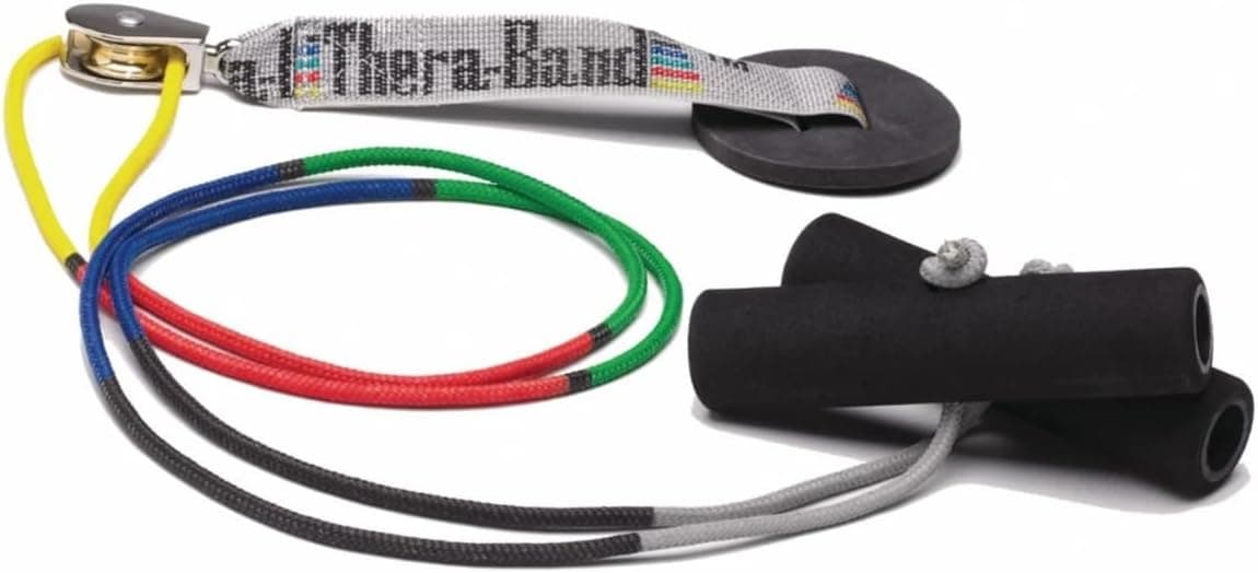 THERABAND Polea de hombro, polea de hombro superior para fisioterapia, polea sobre la puerta con asas de espuma y cuerda codificada por colores para aumentar el rango de movimiento, sistema de puerta para rehabilitación