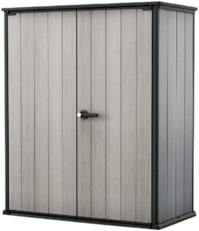 Keter Premier Cobertizo de almacenamiento para exteriores de resina alto de 4.6x5.6 pies, cobertizo de jardín para patio trasero con soportes de estantería para herramientas, muebles de patio, almacenamiento para piscina y bicicletas, gris y negro, 62 pies cúbicos. pies de capacidad
