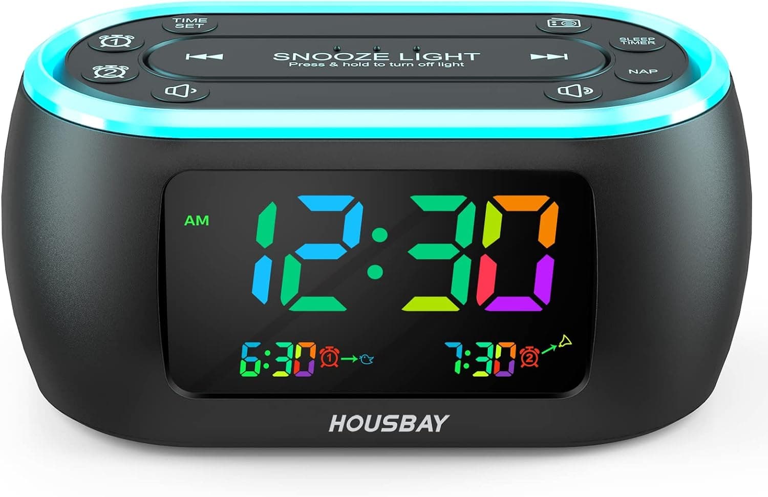 HOUSBAY Radio despertador digital para dormitorios con pantalla arcoíris