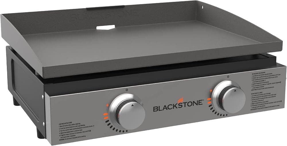 Blackstone Parrilla de mesa de 22 pulgadas sin capucha - Alimentada por propano - Plancha de gas portátil de 22 pulgadas con 2 quemadores - Trampa de grasa trasera para cocina, exteriores, camping, portón trasero o picnic (1666)