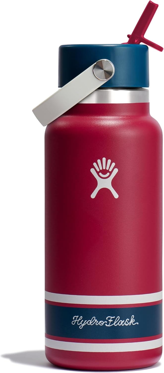 Botella de agua Hydro Flask – Acero inoxidable aislada – Tapa de paja flexible de boca ancha, antiderrames, a prueba de fugas y recargable en Campus Red de 32 onzas