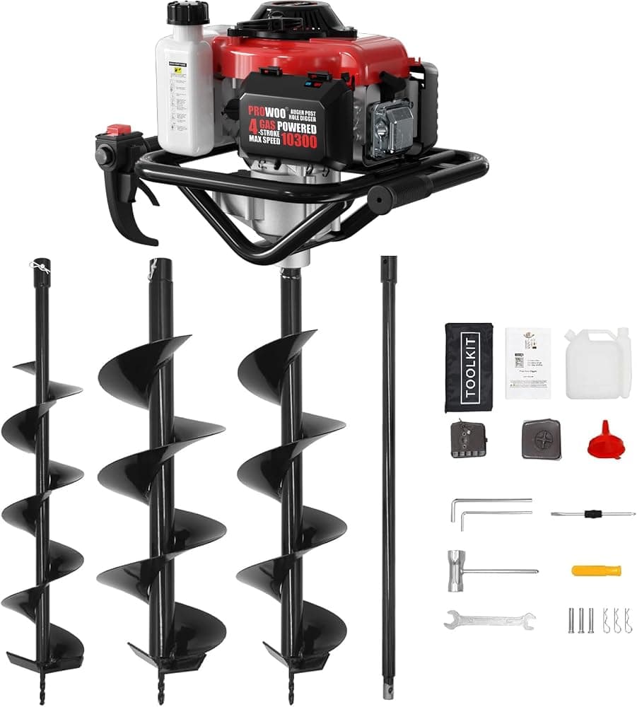 Excavadora de agujeros para postes a gas de 78 cc, barrena de 4 tiempos con brocas de 6 y 8 pulgadas | Motor de 4 tiempos, ¡sin mezcla de gasóleo! Potente motor de 78 cc, más silencioso que el de 2 tiempos. Incluye brocas de barrena de 6" y 8" + varilla de extensión