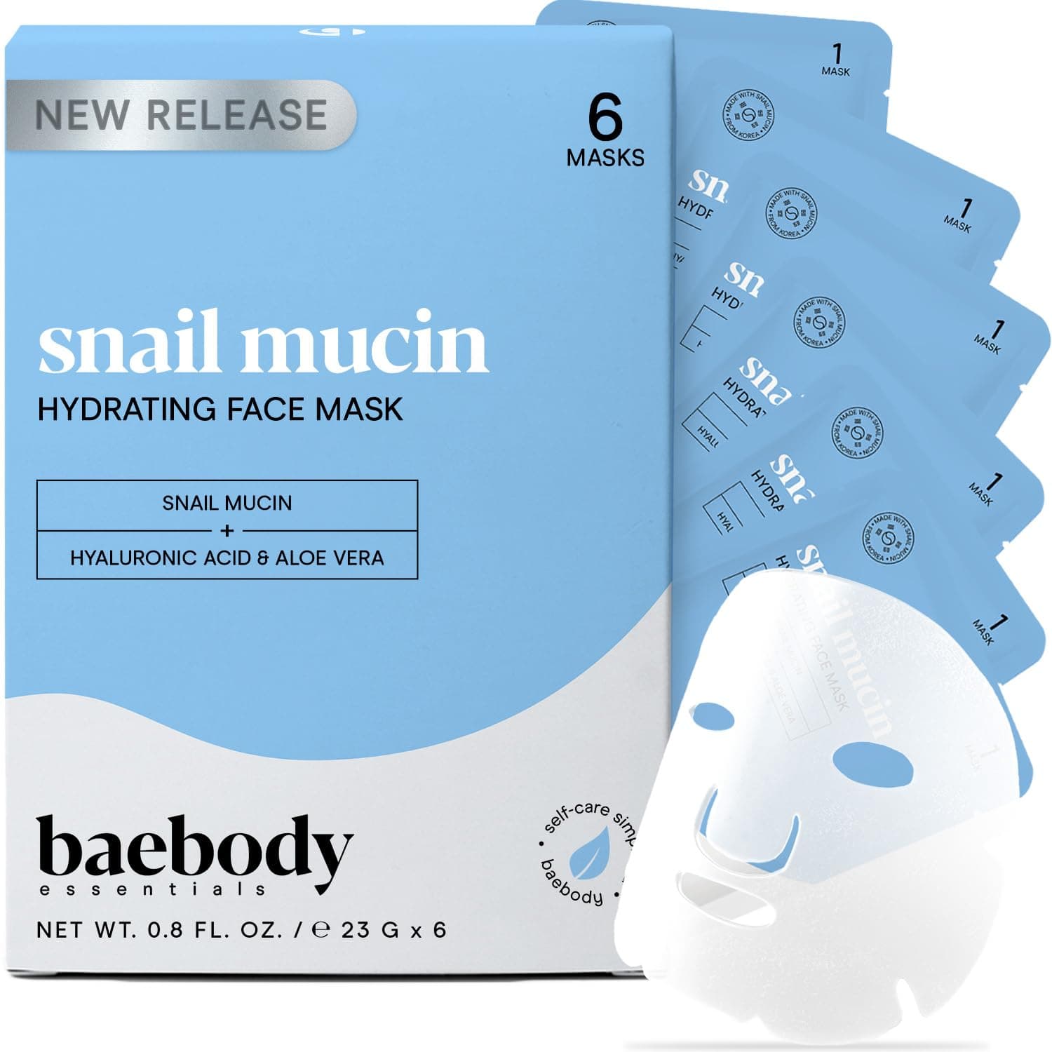 Mascarilla de mucina de caracol Baebody (6 piezas) - Hoja de mascarilla facial hidratante | Ácido hialurónico - Mascarilla facial hidratante para piel joven - Mascarilla facial coreana inspirada - Mascarillas faciales antienvejecimiento Cuidado de la piel