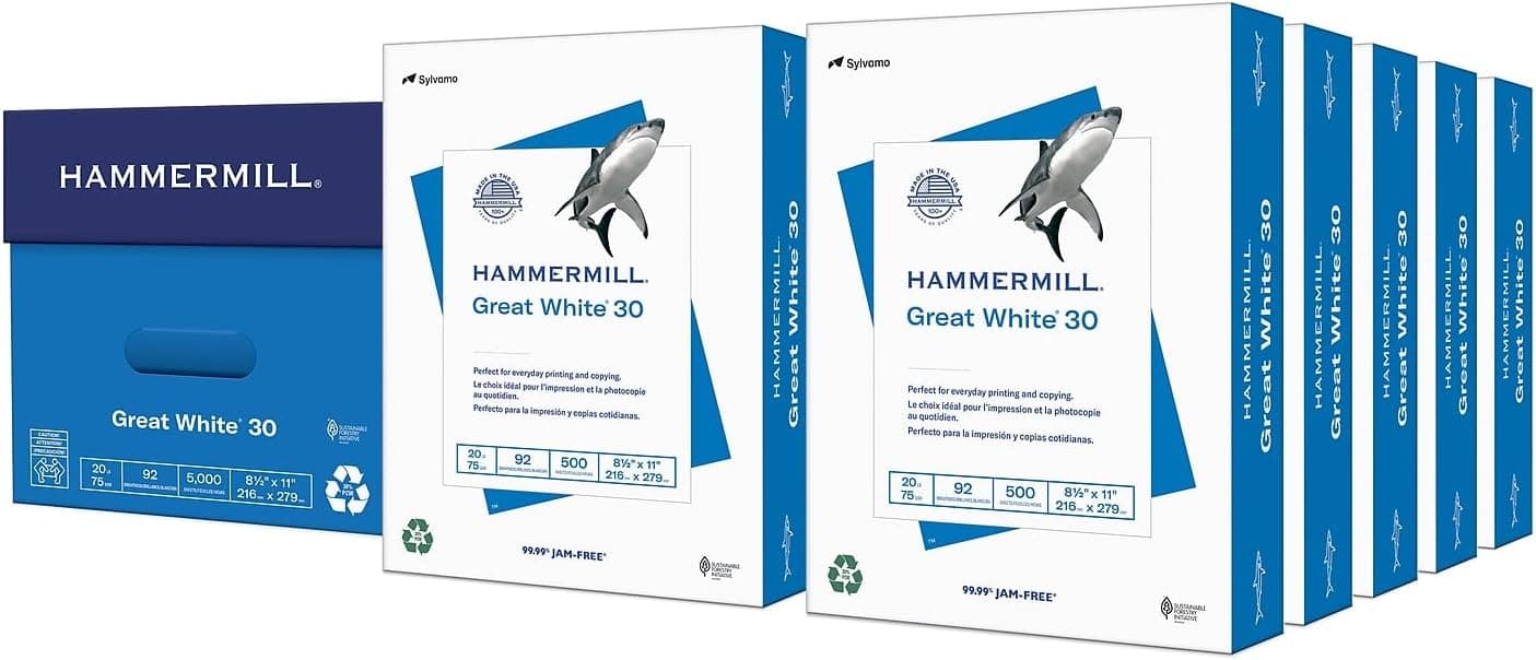 Papel para impresora Hammermill, papel blanco excelente 30% reciclado, resma de 8,5 x 11-10 (5000 hojas) - 92 brillante, fabricado en los EE. UU., 086700C
