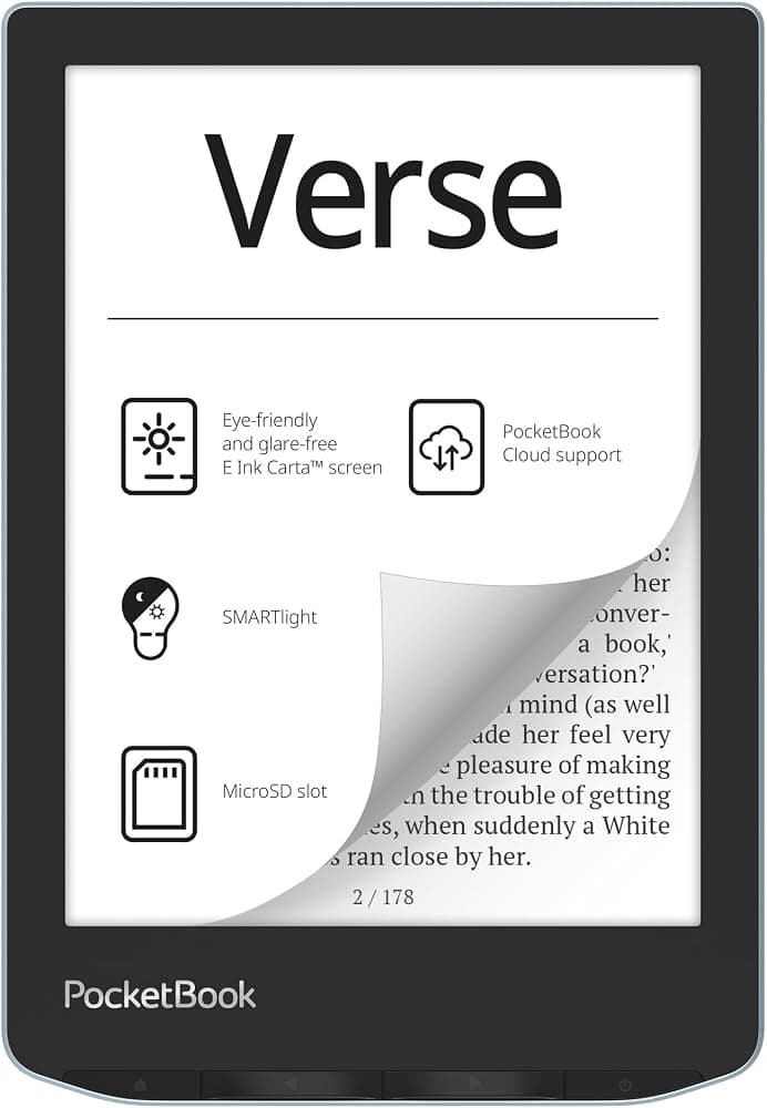 Lector electrónico PocketBook Verse | Pantalla táctil E-Ink Carta™ HD de 6'' amigable con la vista | Luz inteligente ajustable | Hasta 1 mes de duración de la batería | WiFi y ranura para tarjeta de memoria | Lector de libros electrónicos en azul brillante