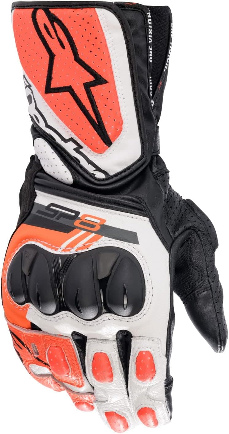 Guantes Alpinestars SP-8 V3, cuero completo, certificación CE, ajuste inspirado en las carreras, protección de nudillos, palma reforzada, construcción de paneles múltiples