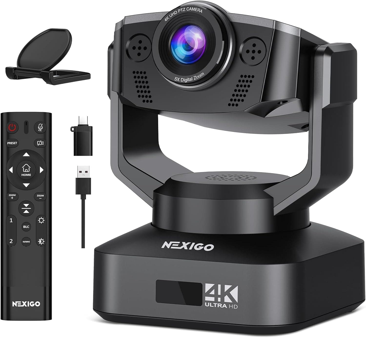Certificación de zoom, cámara web PTZ 4K NexiGo N990 (Gen 2), sistema de cámara de videoconferencia con zoom digital 5X, sensor Sony_Starvis, posición preestablecida, micrófonos estéreo duales, conectores de audio de 3,5 mm para micrófonos externos