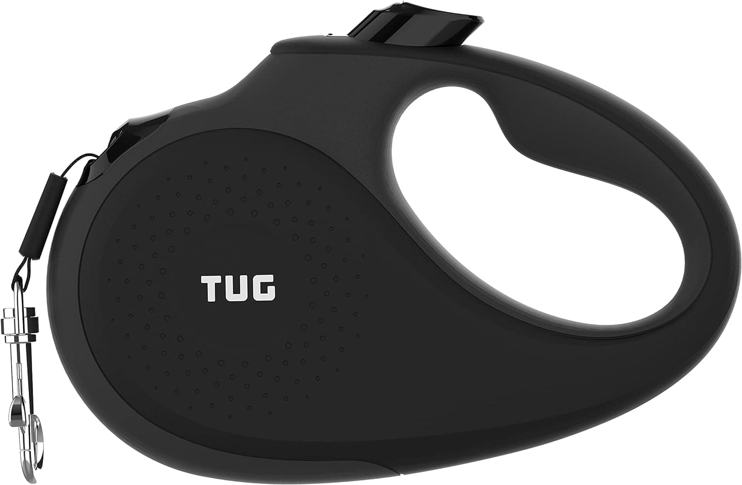 Correa retráctil para perro TUG Original, 16 pies (pequeña, negro/gris) | Retracción sin enredos de 360°, cinta de 16 pies, bloqueo rápido del pulgar, mango antideslizante, para perros de menos de 35 libras