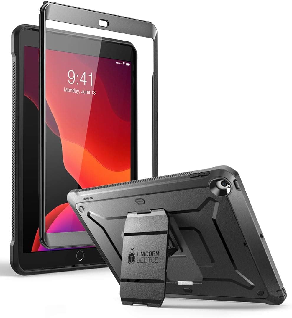 Estuche SUPCASE para iPad de 9ª/8ª/7ª generación de 10,2 pulgadas 2021/2020/2019, negro | Protector de pantalla incorporado, soporte incorporado, cubierta del puerto de carga, protección contra caídas de grado militar, antideslizante, Unicorn Beetle Pro