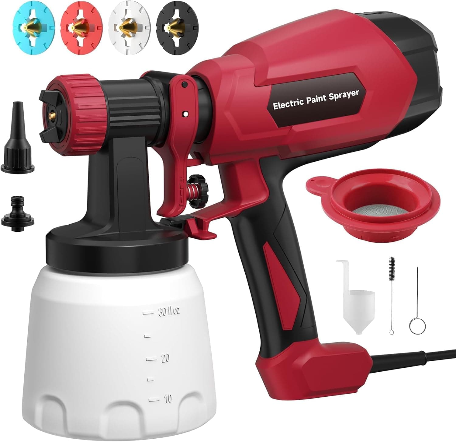 Pulverizador de pintura, pistola de pintura en aerosol eléctrica, 3 modos y 4 boquillas de latón | Con juntas de limpieza y soplado, control de flujo variable, para puertas, cercas, paredes, gabinetes, sillas de jardín, rojo