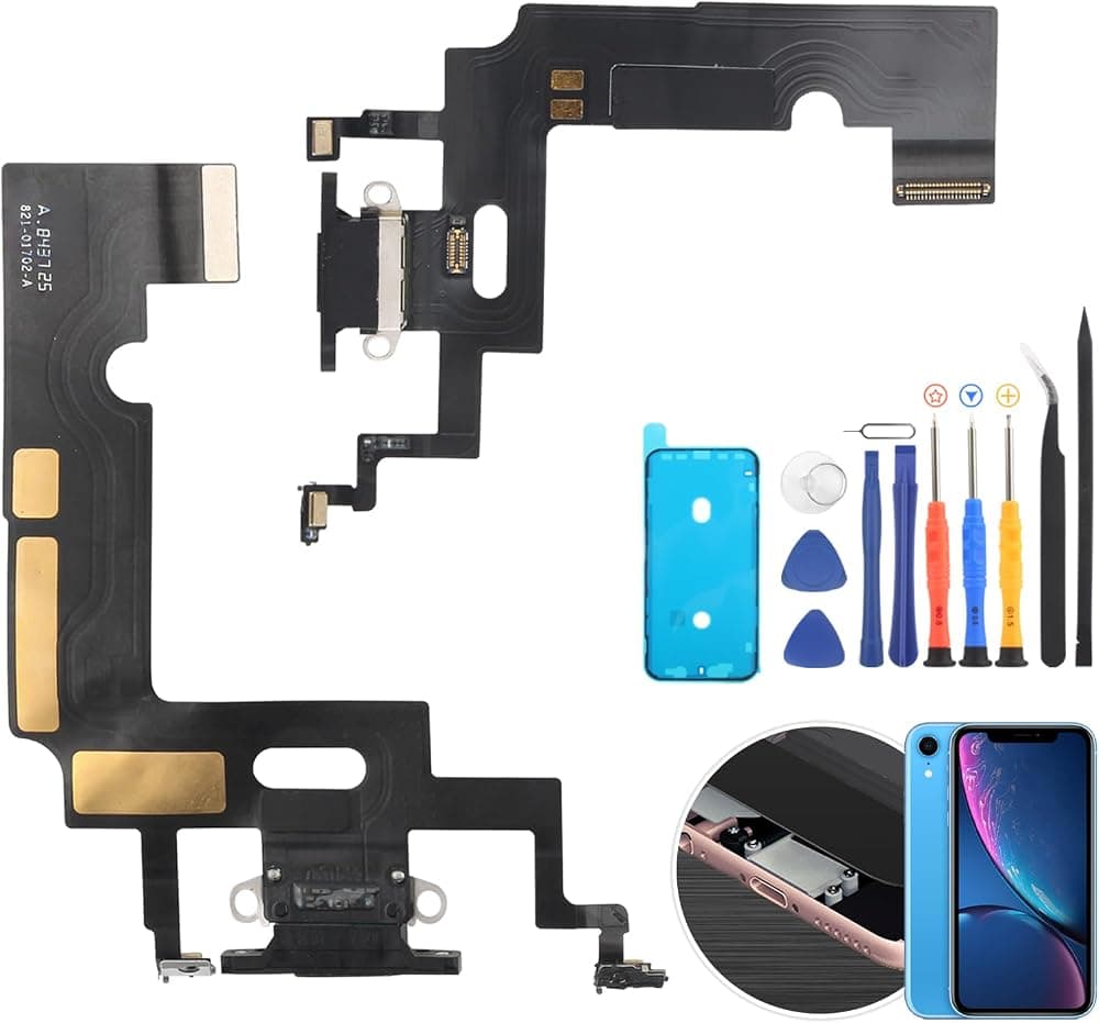 Conector de base para iPhone XR Puerto de carga Reemplazo de cable flexible para iPhone XR 1984, A2105, A2106, A2108 Conector de placa de base de cargador USB con herramientas (negro)