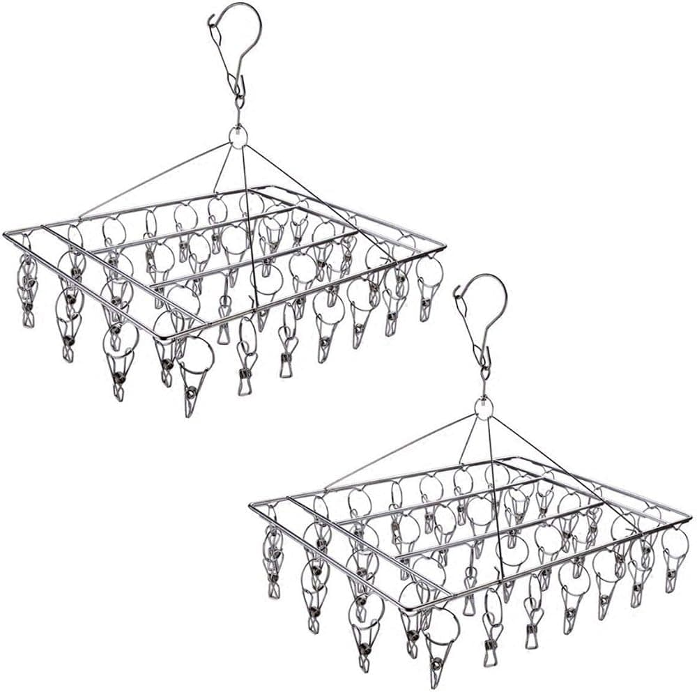 Paquete de 2 rejillas de secado de calcetines de acero inoxidable con 72 clips, gancho giratorio a prueba de viento, colgador de ropa para calcetines, ropa interior, sujetador, accesorios de lavandería