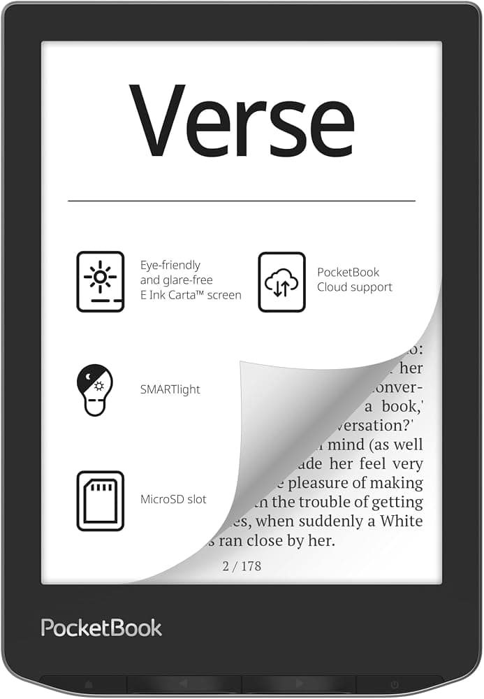 Lectores electrónicos PocketBook Verse | Pantalla táctil E-Ink Carta™ HD de 6'' amigable con la vista | Luz inteligente ajustable | Hasta 1 mes de duración de la batería | WiFi y ranura para tarjeta de memoria | Lector de libros electrónicos en Misty Grey