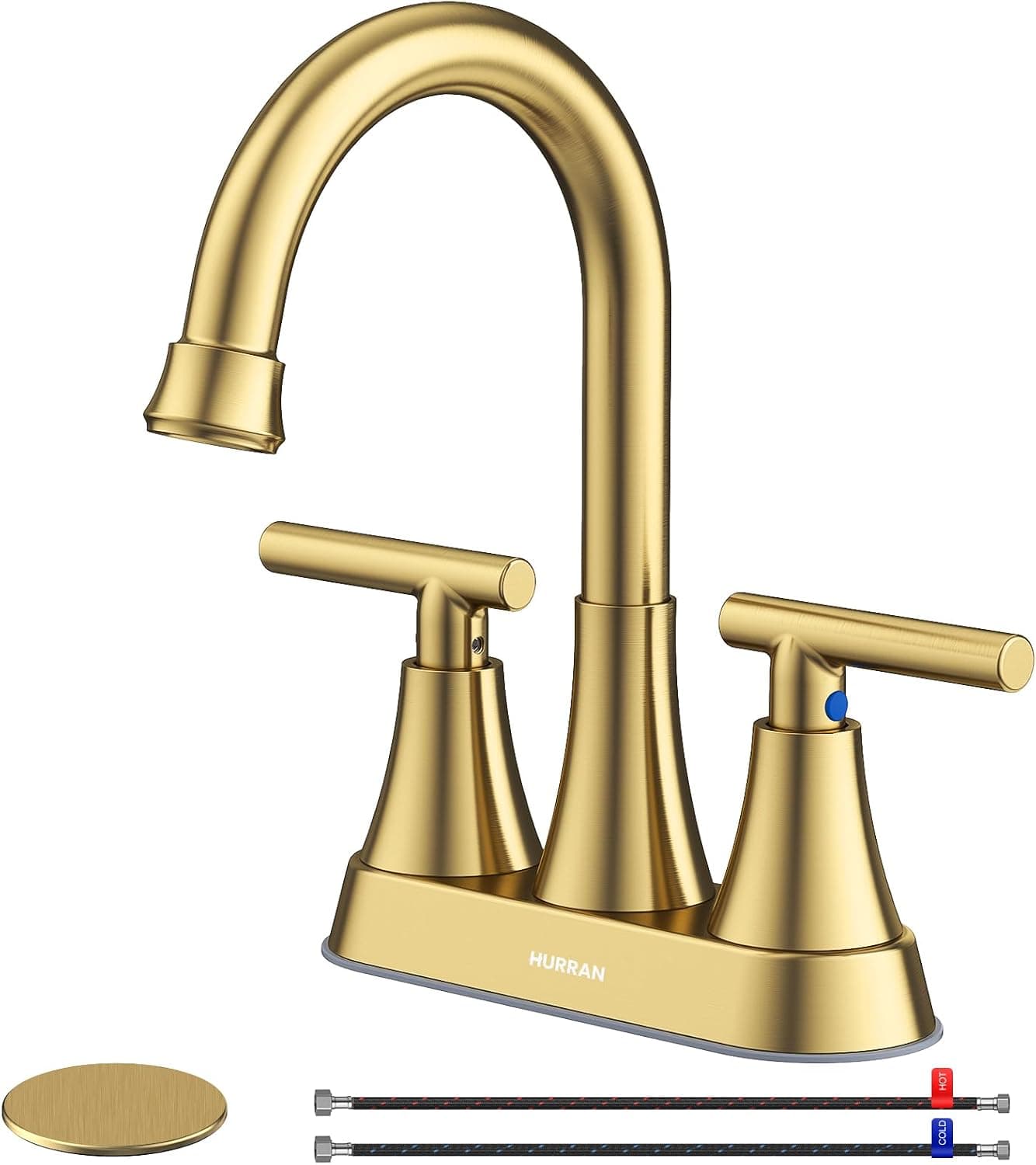 Grifo de baño de oro cepillado, juego central Hurran de 4 pulgadas, 2 manijas, sin plomo | Grifo para lavabo de baño con drenaje emergente y líneas de suministro, grifo de acero inoxidable para tocador, RV, baño, lavandería, fregadero al aire libre