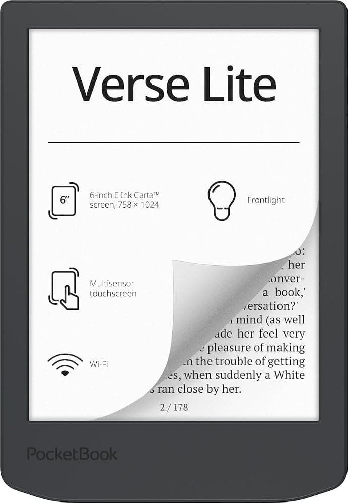 PocketBook Verse Lite – Lector electrónico con pantalla táctil E-Ink Carta de 6" con luz frontal | Pantalla agradable a la vista y sin reflejos | Wi-Fi | Admite 25 formatos, incluido DRM | Compacto y liviano