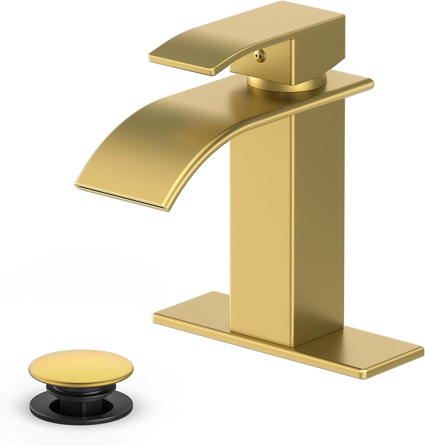 Grifo de baño en cascada, acero inoxidable dorado cepillado, 1 manija | Grifo moderno para lavabo de baño para lavabos de RV y exteriores, drenaje emergente, líneas de suministro, placa de cubierta de 6 pulgadas, 1 o 3 orificios, certificado NSF