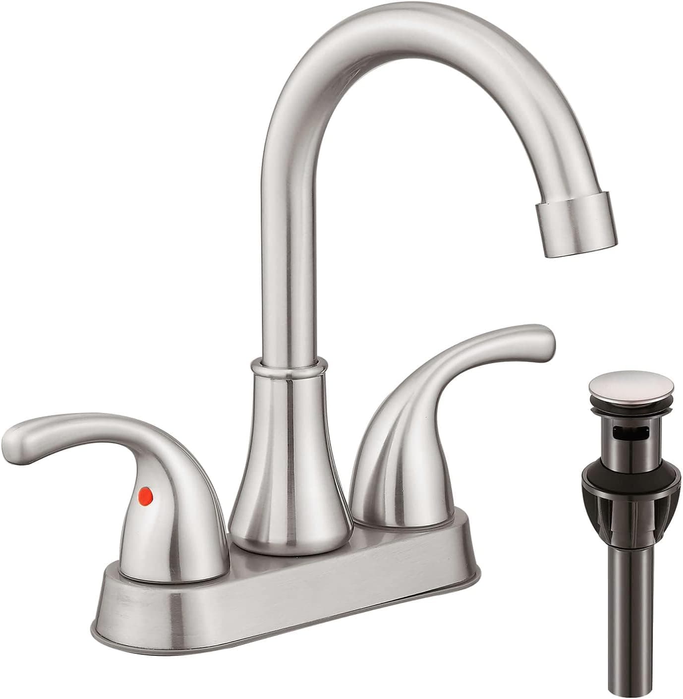 Grifo para lavabo de baño FRANSITON, grifo de 4 pulgadas, 2 asas, grifos para lavabo de baño, grifos para lavabo de baño de níquel cepillado sin plomo con tapón de drenaje emergente y mangueras de suministro