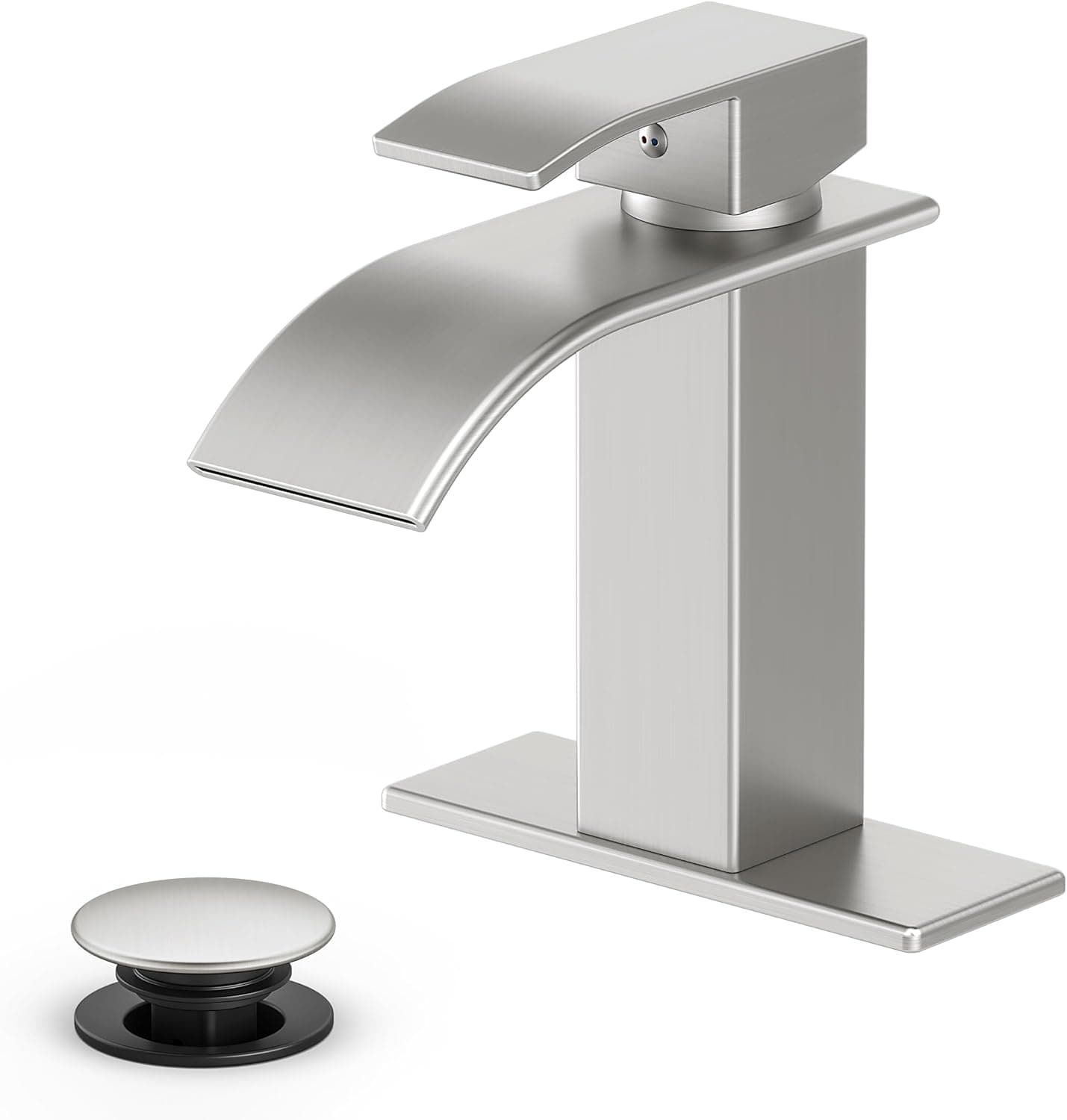 Grifo de baño en cascada, acero inoxidable de níquel cepillado, 1 manija | Grifo moderno para lavabo de baño para lavabos de RV y exteriores, drenaje emergente, líneas de suministro, placa de cubierta de 6 pulgadas, 1 o 3 orificios, certificado NSF