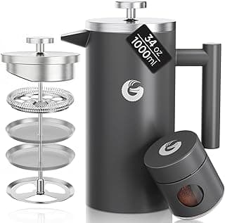 Coffee Gator Cafetera de prensa francesa de 34 oz, no tóxica, gris | Doble pared, filtro de 4 capas, Cafetera de preparación fría, tetera para cocina, viajes, Camping, regalos, decoración, accesorios de bar