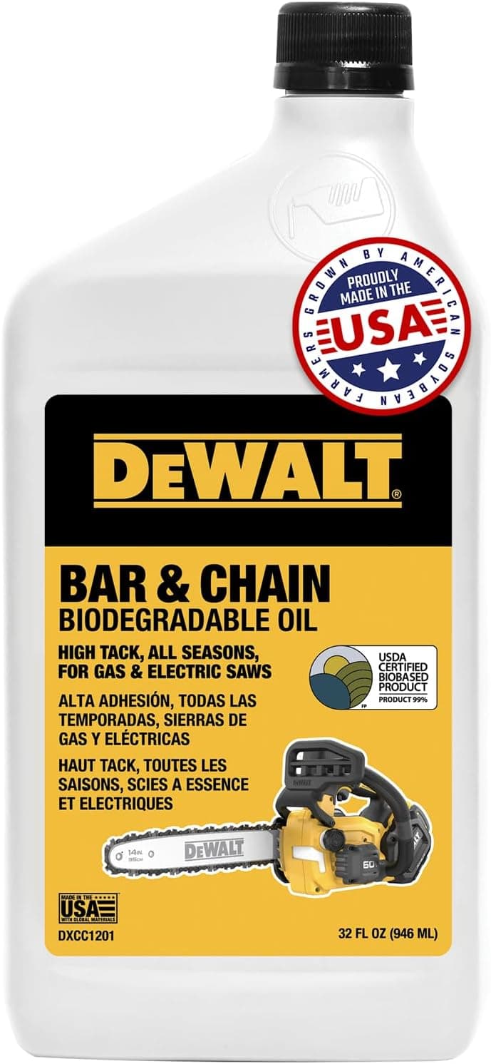 DEWALT – Aceite biodegradable para barra y cadena – Lubricante profesional verde, ecológico y no tóxico para barra y motosierra – Aceite ultralimpio para todas las estaciones para gasolina, sierra eléctrica y sierra de pértiga, 32 oz