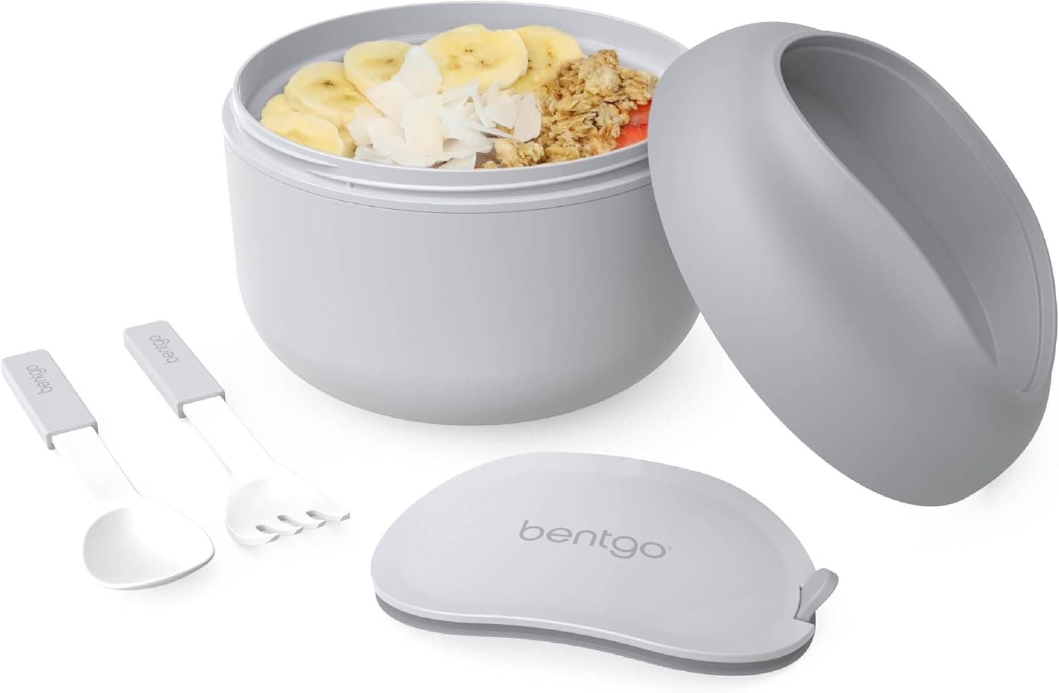Bentgo Tarro aislado para alimentos, 21,2 oz, compartimento para refrigerios, utensilios retráctiles | Acero inoxidable aislado al vacío, resistente a fugas, boca ancha, sin BPA (gris)