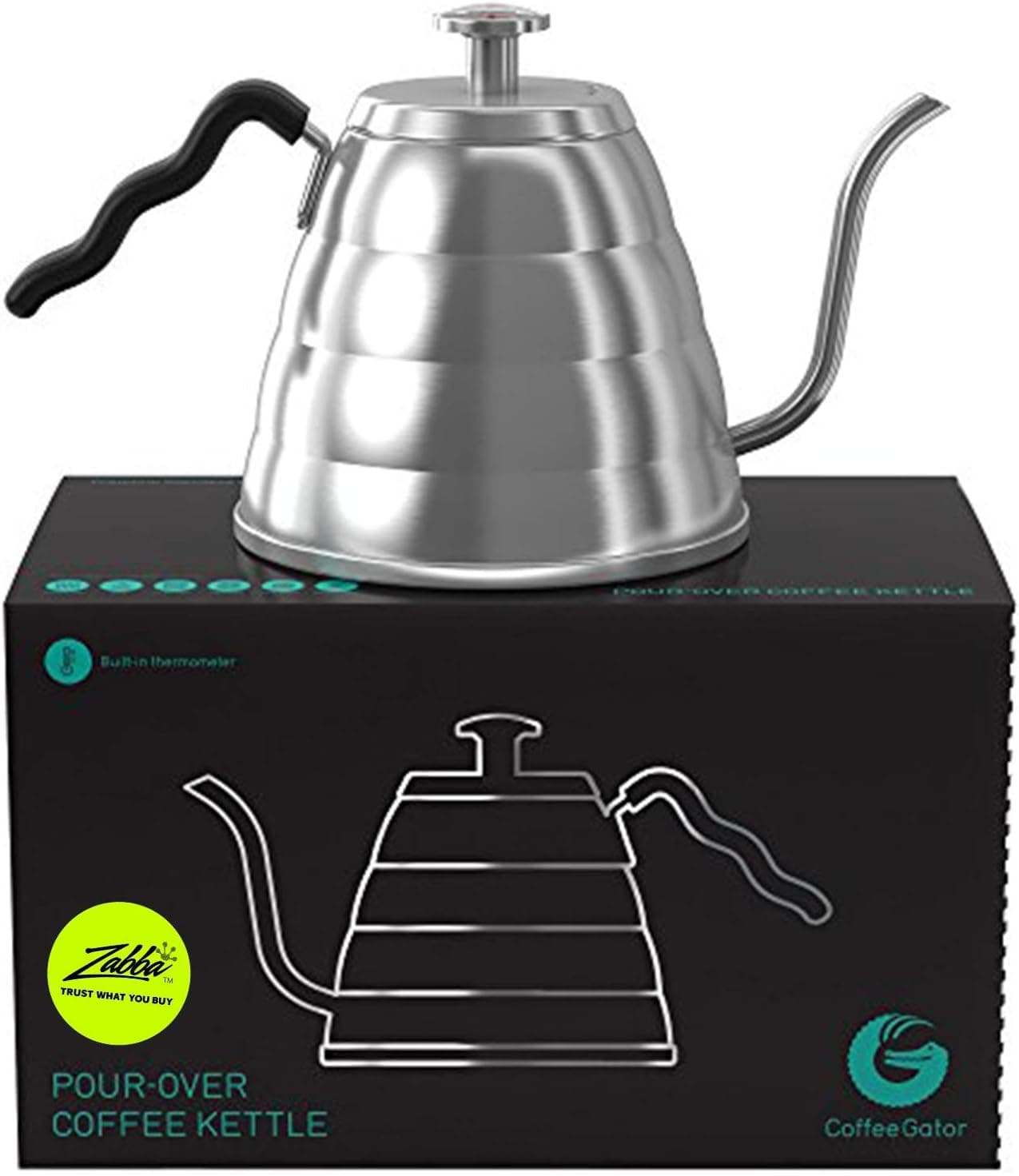 Hervidor de cuello de cisne Coffee Gator con termómetro - 34 oz | Cafetera de acero inoxidable para verter sobre estufa, con boquilla de goteo de precisión, para goteo, prensa francesa, tetera, 4 tazas, 1L