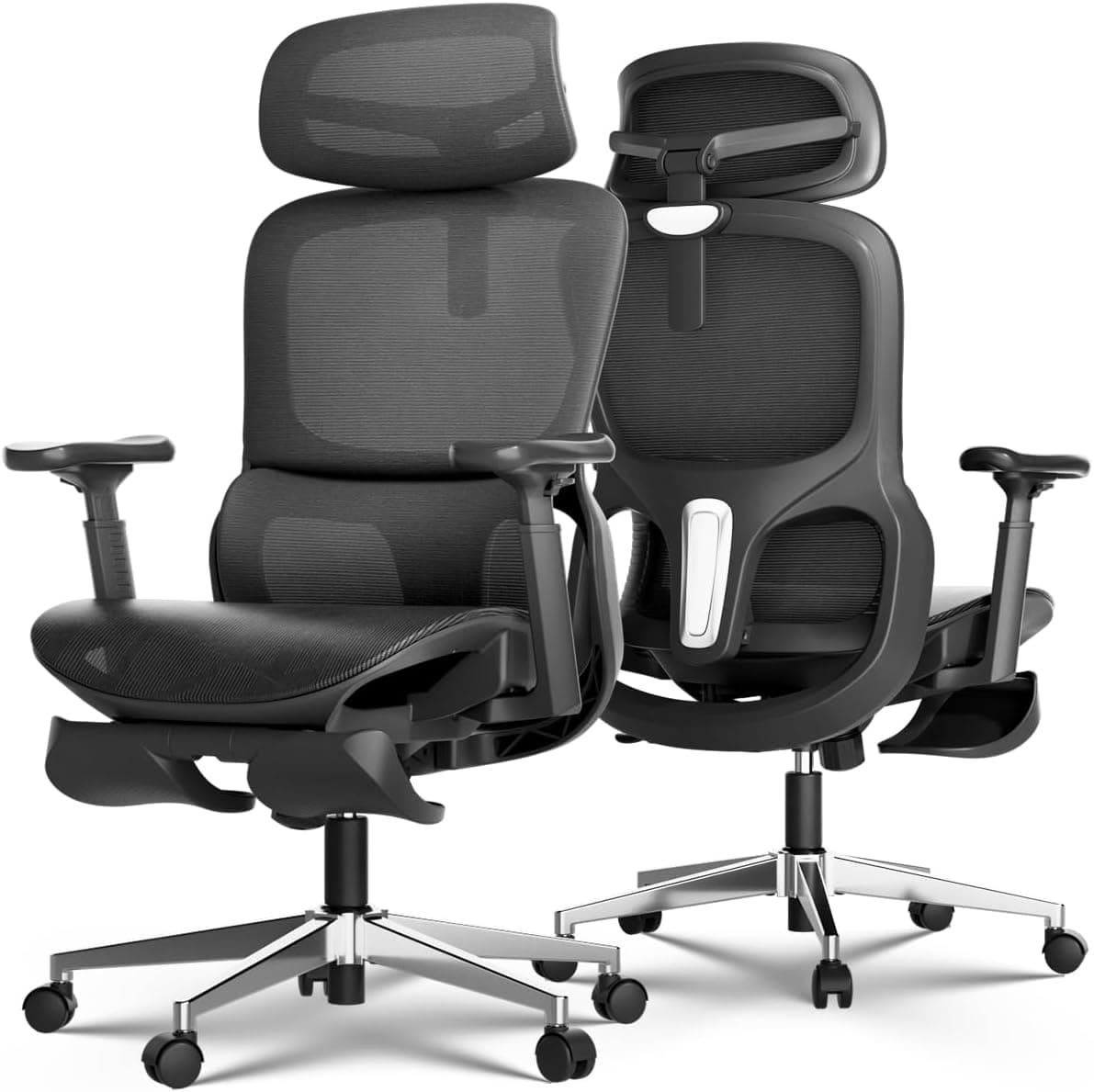 Hbada P2 Silla de Oficina Ergonómica, Silla de Oficina con Soporte Lumbar 3D, Silla Ergonómica con Brazos de Rotación 3D 360° y Reposacabezas 3D, Función de Inclinación Continua de 135°, Negro
