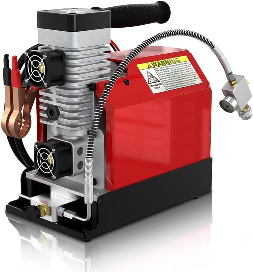Compresor de aire PCP portátil GX-E-CS2, 4500 Psi/30 Mpa, llenado rápido | Sin aceite, alimentado por un automóvil de 12 V CC o un hogar de 110 V CA con convertidor (incluido), compresor de paintball