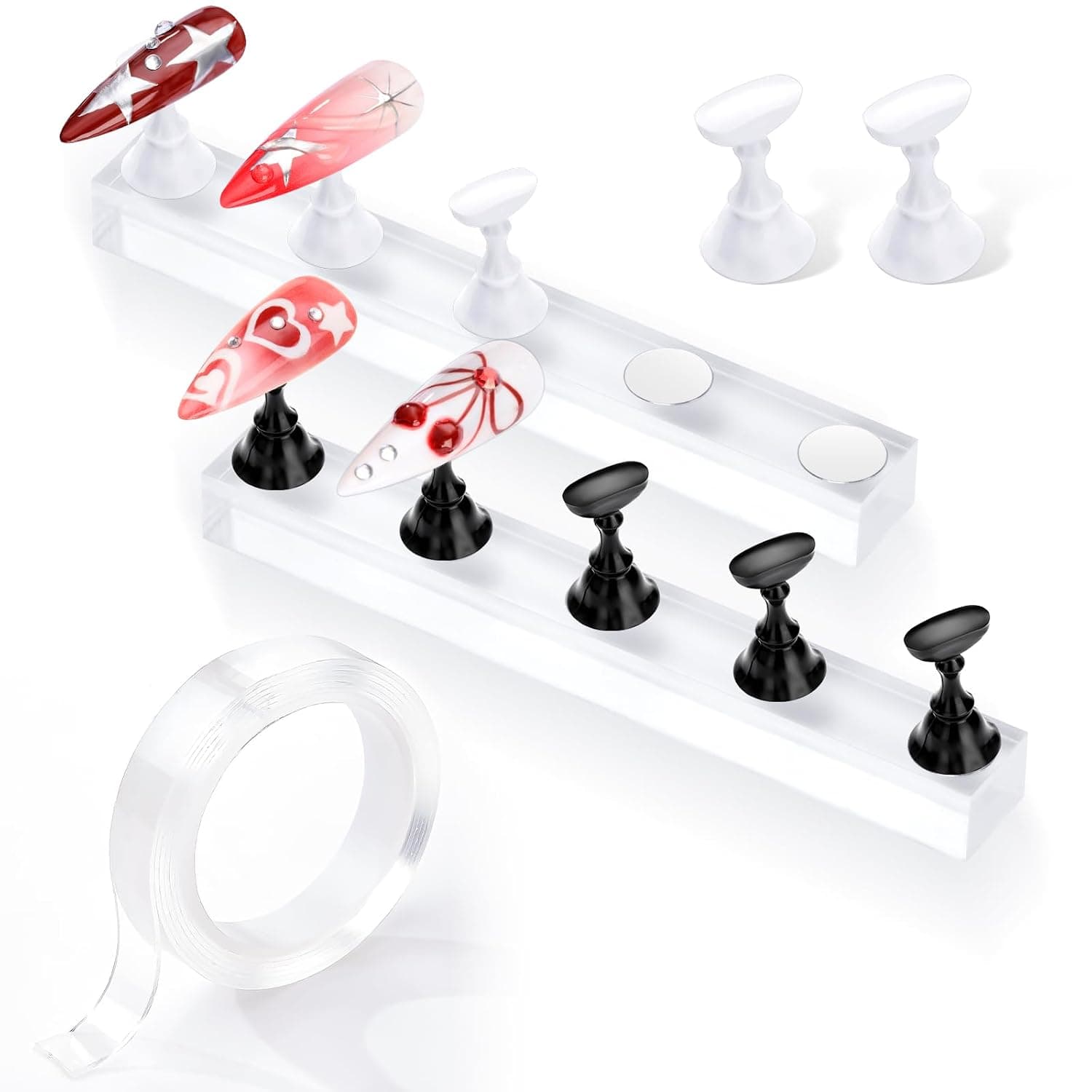 Makartt Press on Nail Stand: Soporte para uñas en blanco y negro para pintar uñas, soportes para práctica de exhibición de arte, soportes magnéticos falsos con cinta de doble cara de 1 m, uso en salón en casa