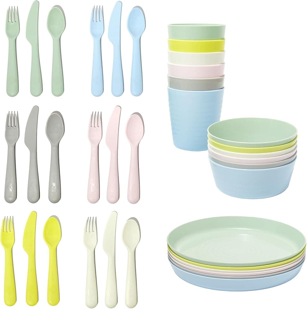 Juego de vajilla infantil de plástico sin BPA Kalas de Ikea - Bol, plato, taza y cubiertos - Colores pastel