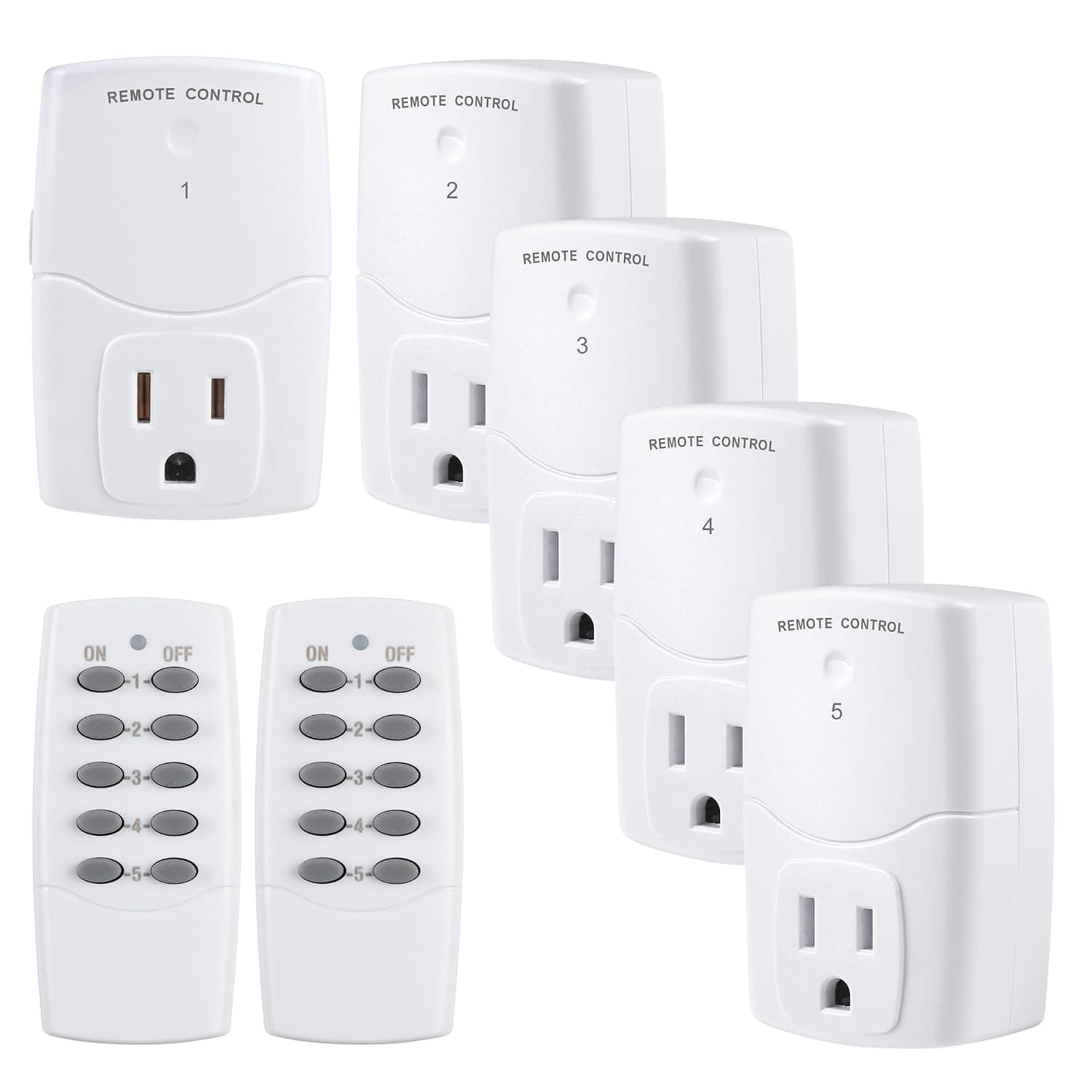 BN-LINK Mini Control Remoto Inalámbrico Enchufe de Alimentación para Electrodomésticos, Interruptor de Luz Remoto Inalámbrico, Bombillas LED, Blanco (2 Controles Remotos + 5 Tomacorrientes) 1250W/10A