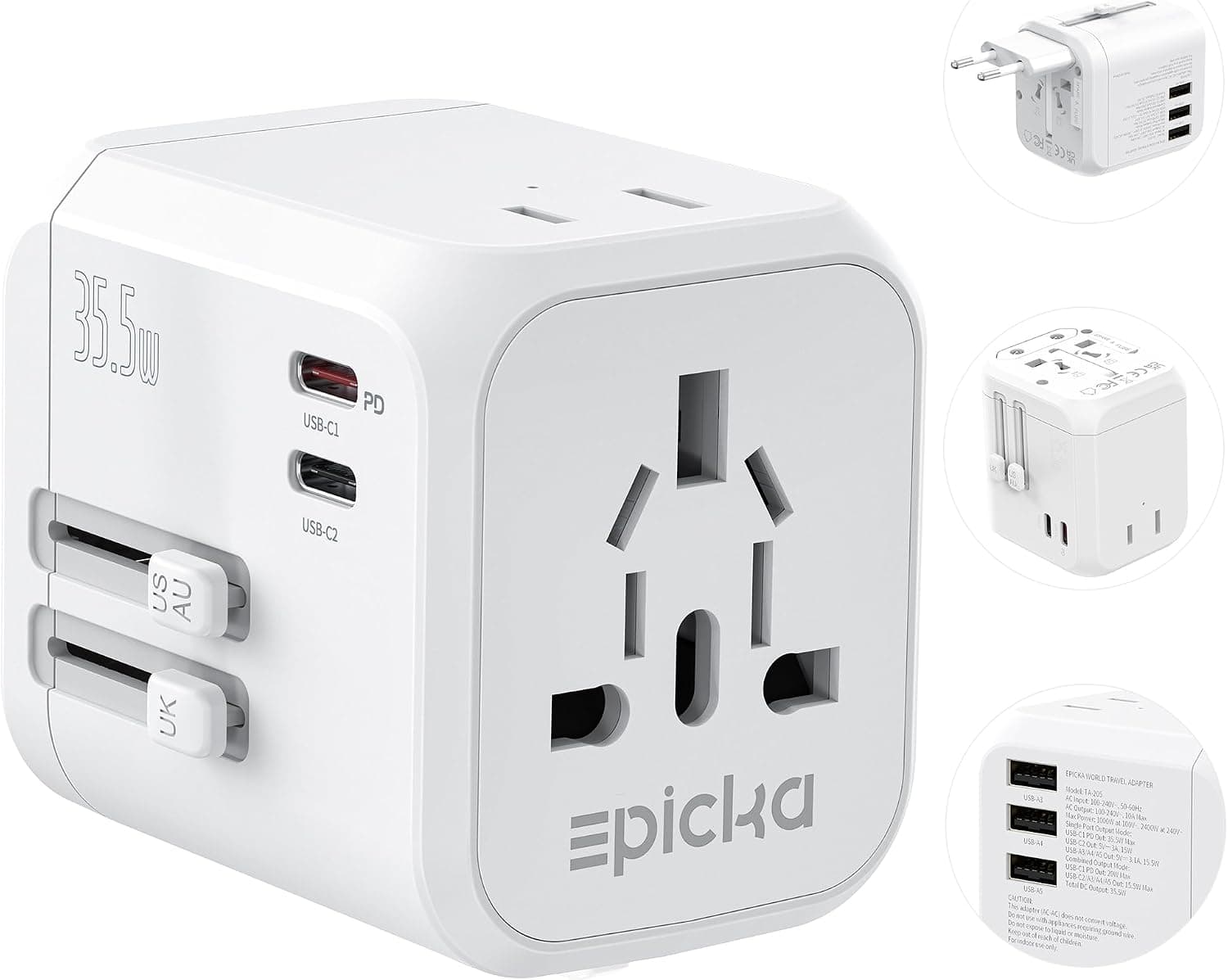 Adaptador de viaje universal EPICKA PD 35W, 2AC/2USB-C/3USB-A | Adaptador de corriente internacional para UE/UK/US/AU, carga rápida para viajes con múltiples dispositivos, TA-205, blanco
