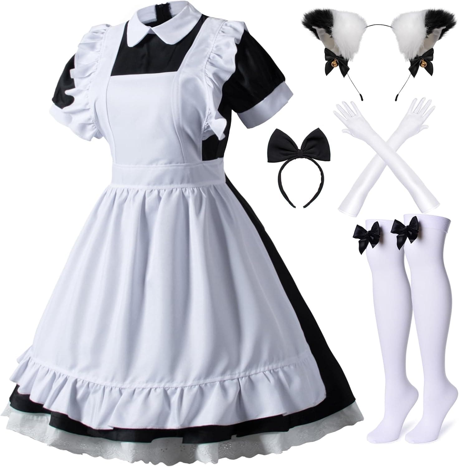 Wannsee anime japonés 6 piezas Lolita delantal de criada francés disfraz cosplay disfraz guantes sombreros calcetines set(negro S)