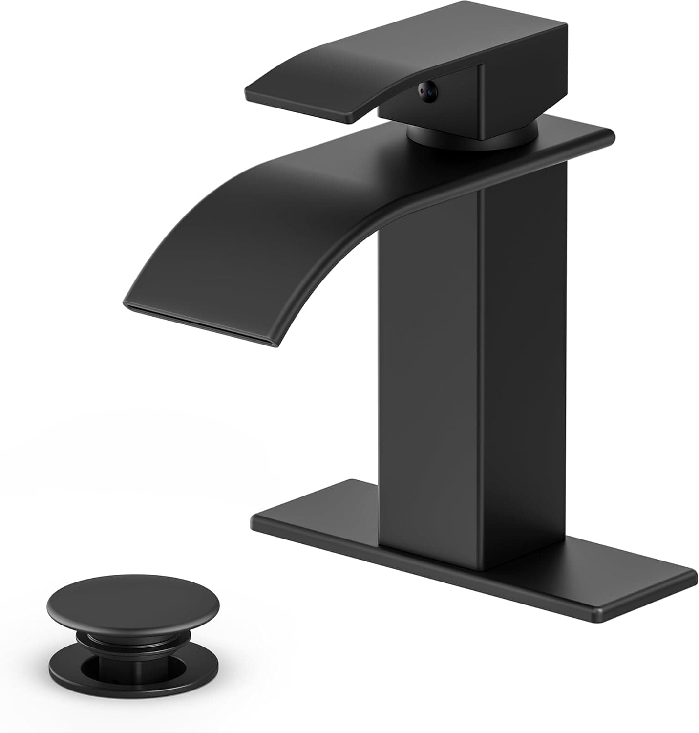 Grifo de baño en cascada, acero inoxidable negro mate, 1 manija | Grifo moderno para lavabo de baño para lavabos de RV y exteriores, drenaje emergente, líneas de suministro, placa de cubierta de 6 pulgadas, 1 o 3 orificios, certificado NSF