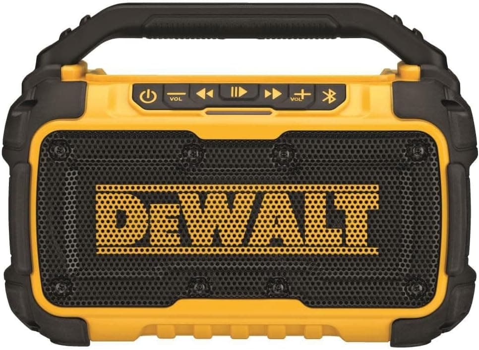 DEWALT Altavoz Bluetooth 20V MAX, alcance de 100 pies, duradero para lugares de trabajo, soporte para teléfono incluido, dura 8-10 horas con una sola carga (DCR010), negro amarillo