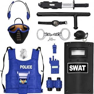 Ultimate All-in-One Kids Police Role Play Toy Kit - Juego de 15 piezas de juego de simulación de policía para niños - Accesorios SWAT para disfraces - Insignia, escudo, chaleco, esposas incluidas
