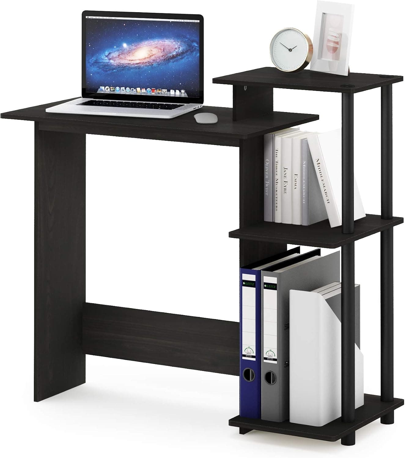 Furinno Escritorio eficiente, escritorio para juegos de 28,6 pulgadas de ancho con 3 estantes laterales abiertos, escritorio para computadora portátil, escritorio de oficina para el hogar, oficina, sala de estudio, dormitorio, dormitorio, espresso