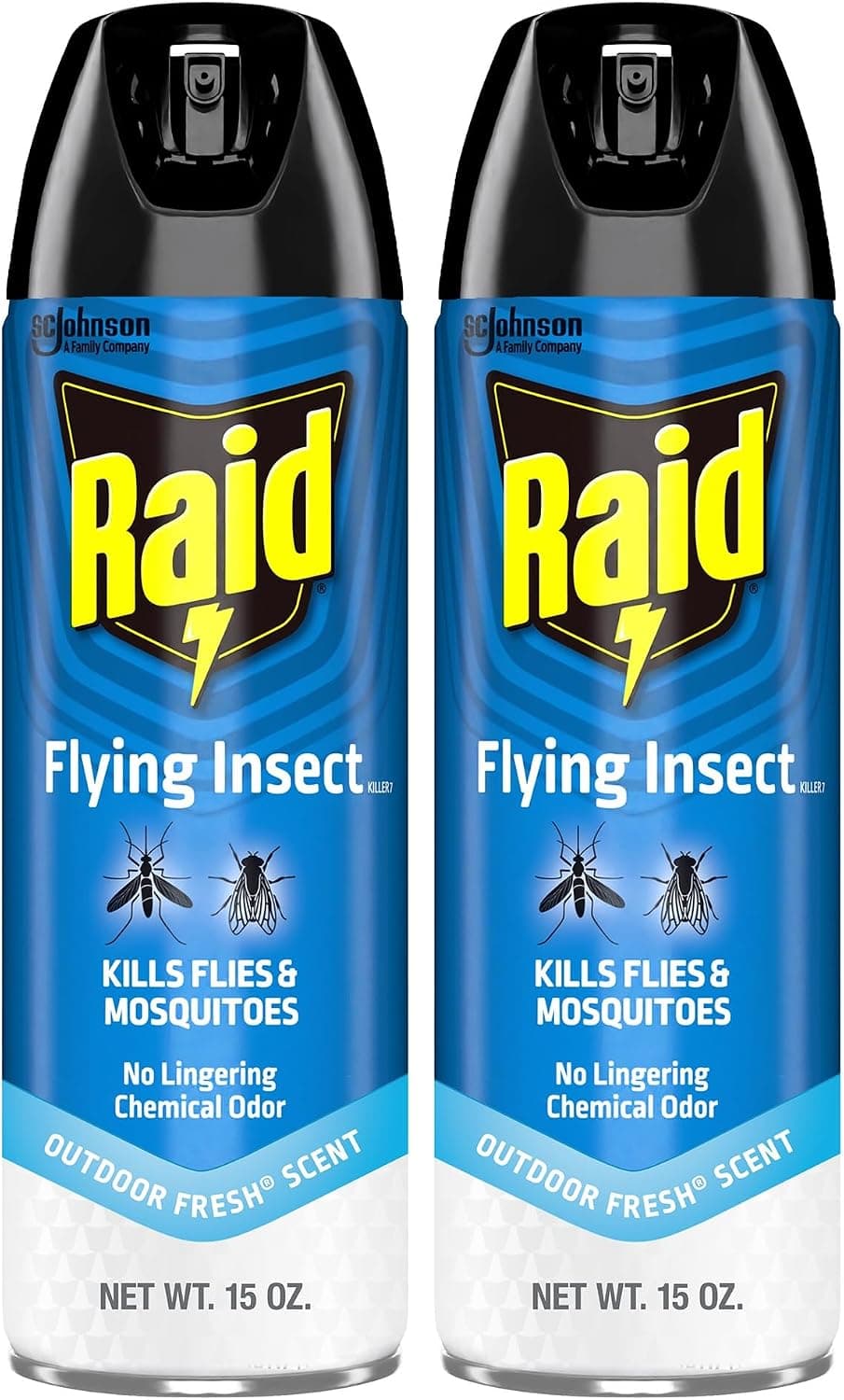 Raid Flying Insect Killer Control de mosquitos y moscas, sin olor químico persistente, aroma fresco al aire libre, 15 onzas (paquete de 2)