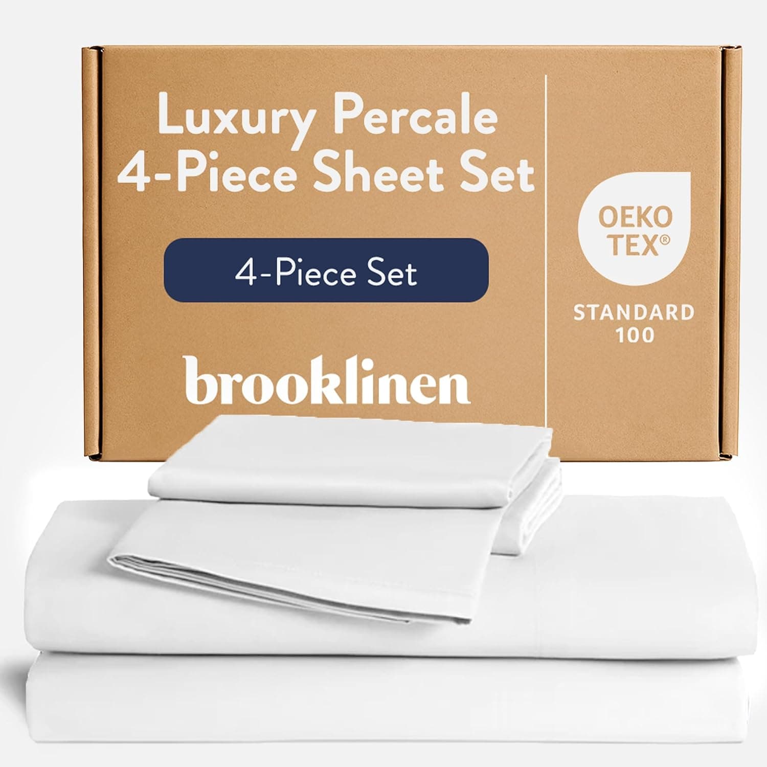Brooklinen Juego de sábanas de percal de 4 piezas para personas que duermen calientes, lujo, completo, blanco