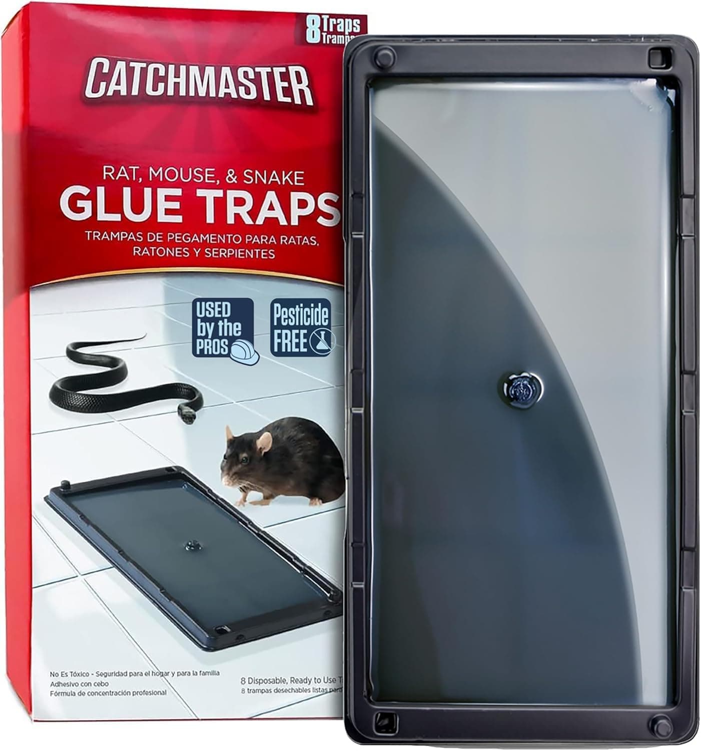 Catchmaster Trampas para ratas, serpientes y ratones, 8 unidades, grandes trampas para ratas con pegamento a granel para el hogar, bandeja de plástico adhesiva para el interior de la casa, atrapasueños de serpientes, ratones y arañas, control de plagas para casa y garaje