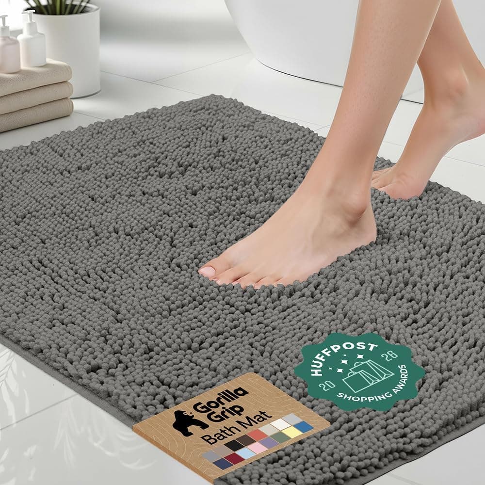 GORILLA GRIP Bath Rug Mat 30x20, Thick Soft Absorbent Chenille, Quick Dry Microfiber Mats, Rubber Backing Washable Shower Floor Rugs, US Designed Bathroom Bathmat Home Decor Accessories, Charcoal