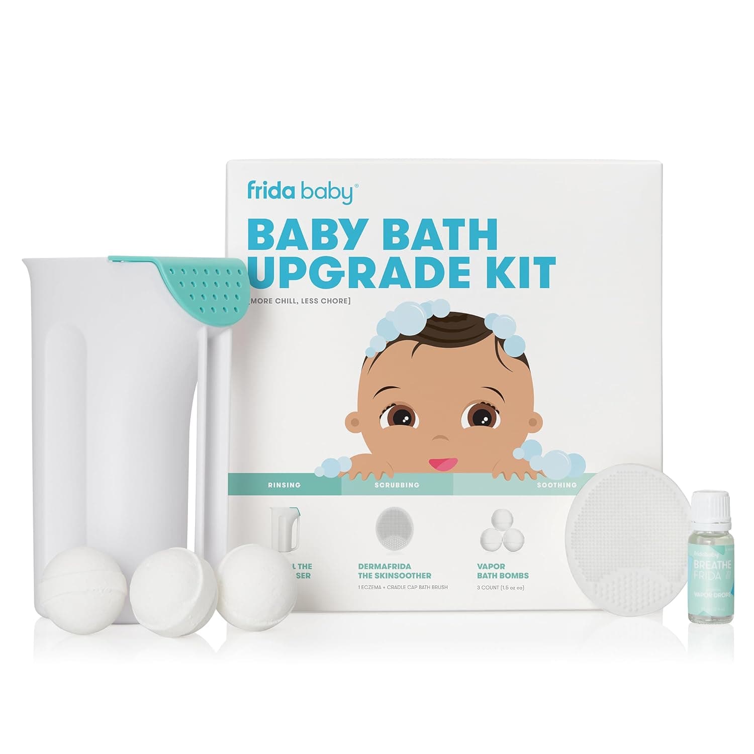 Frida Baby Bath Upgrade Kit for Infant and Toddler, Oil Vapor Drops White | Includes Rinser Cup, Silicone Bath Brush, Bath Bombs, Essential Oil Vapor Drops