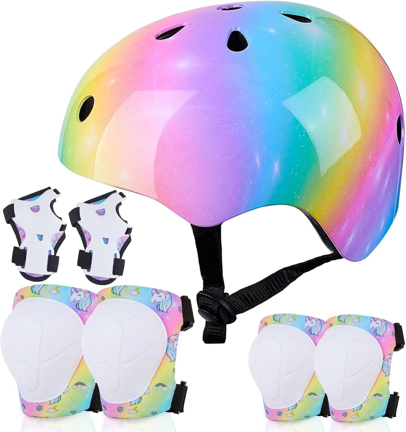 FIODAY Juego de muñequeras y rodilleras para casco de bicicleta para niños | Conjunto de equipo de protección para casco ajustable para niños y niñas, patinete multideporte, patinaje en línea